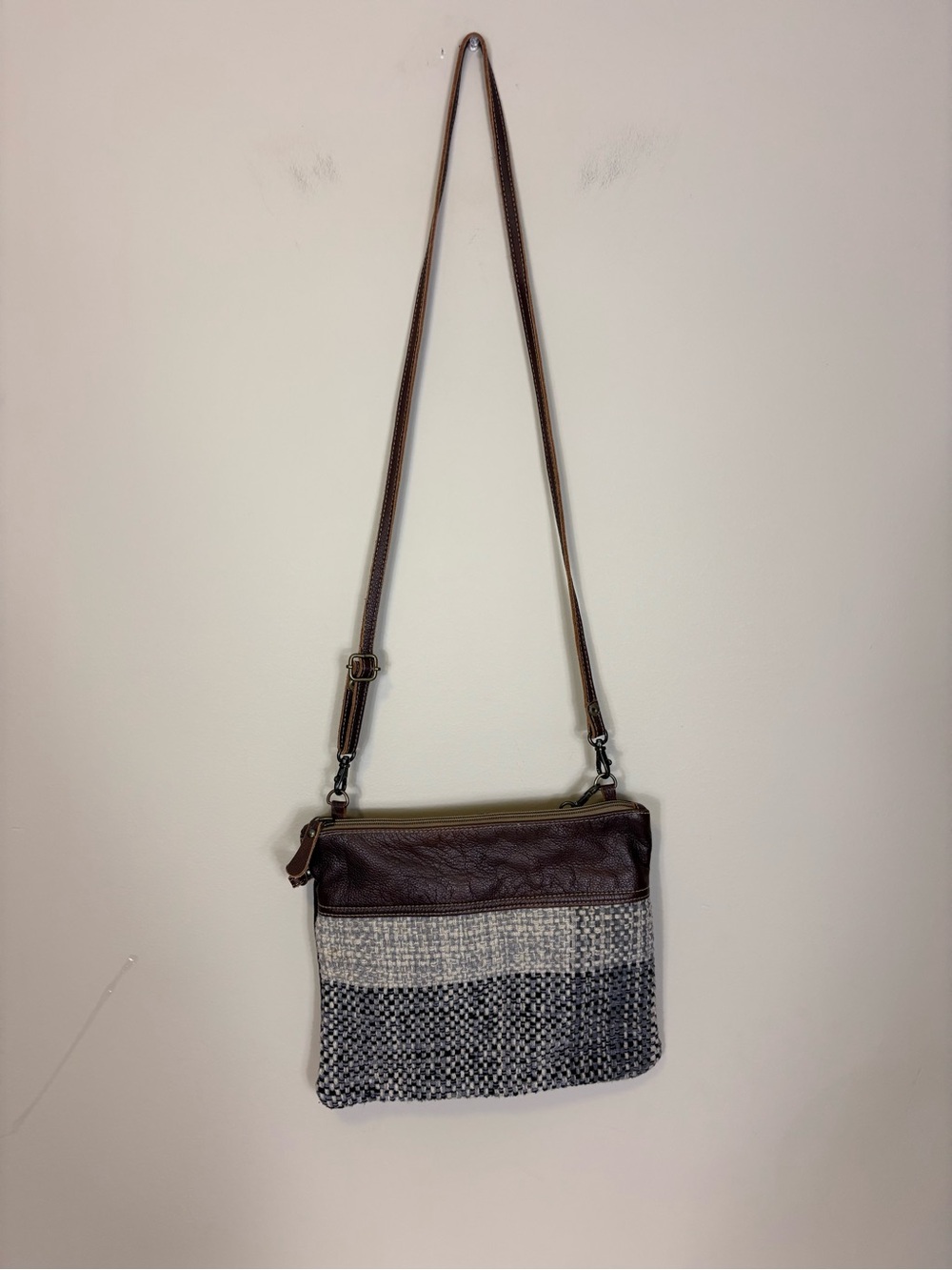 Myra Bag Brown Leather-Trim Crossbody with Woven Gray Panel